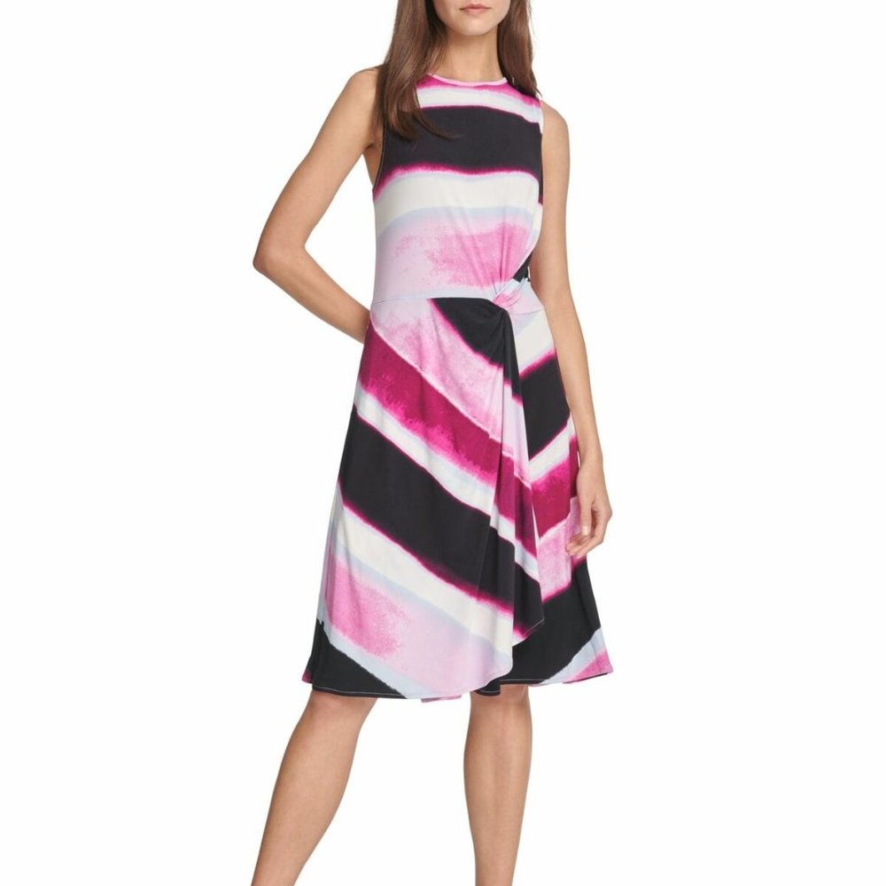 NWT DKNY Striped A-Line Dress Crew Neck Sleeveless Women Purple White size XL - Picture 12 of 12